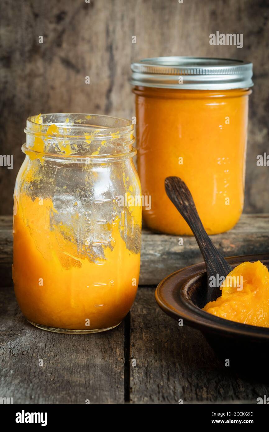 Jars of homemade pumpkin puree Stock Photo