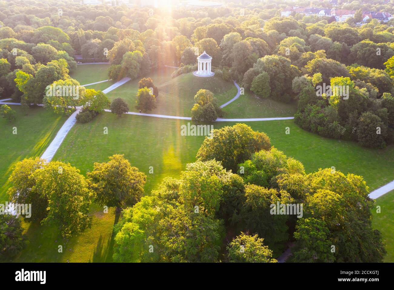 Germany, Bavaria, Munich, Aerial view of Monopteros in English Garden at sunset Stock Photo