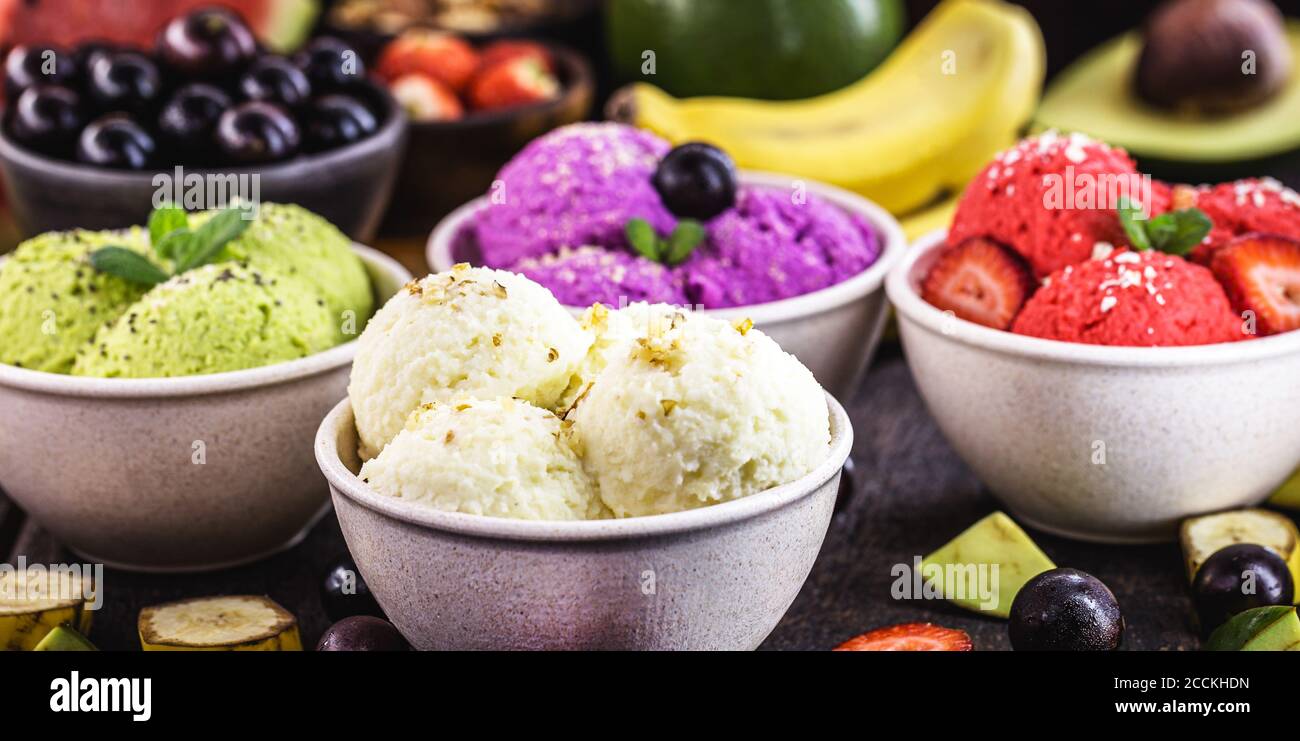 vegan ice cream made with organic fruits, with tropical fruits in the