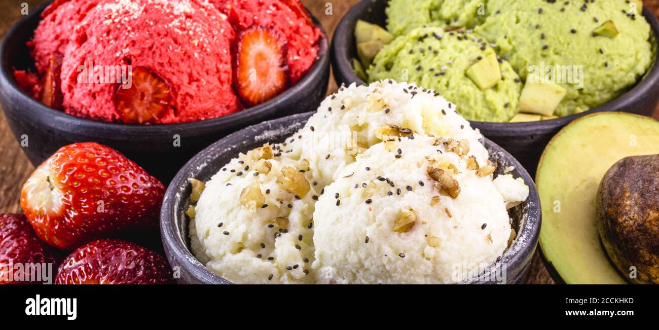 homemade strawberry, banana and avocado ice creams, without milk, vegan