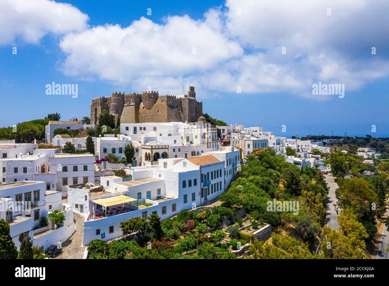 Greece, South Aegean, Patmos, Aerial view ofMonastery of Saint John the Theologian and surrounding town Stock Photo