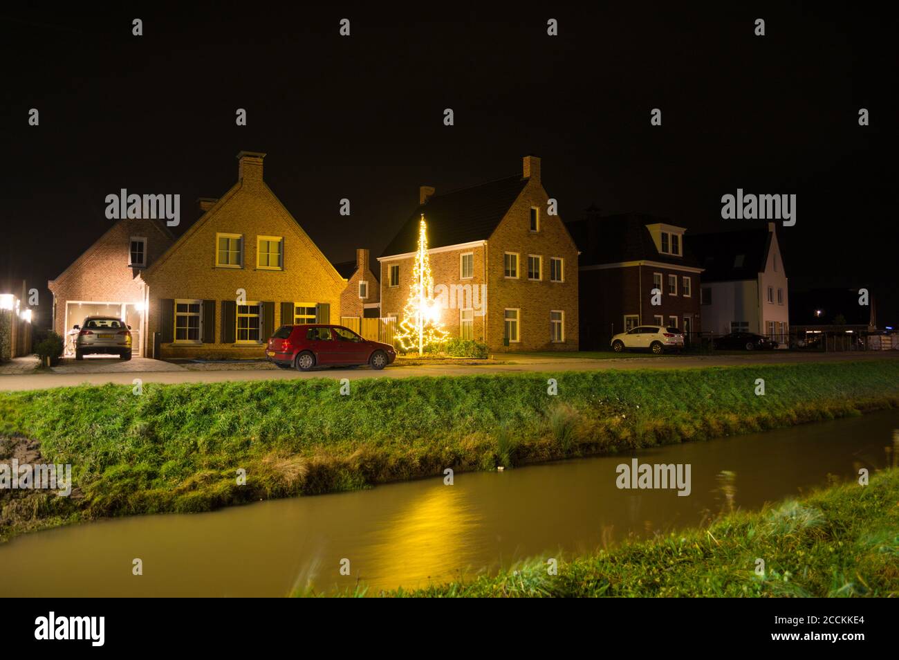 Traditional Dutch Houses at Night in Oostkapelle, Zeeland, Netherlands