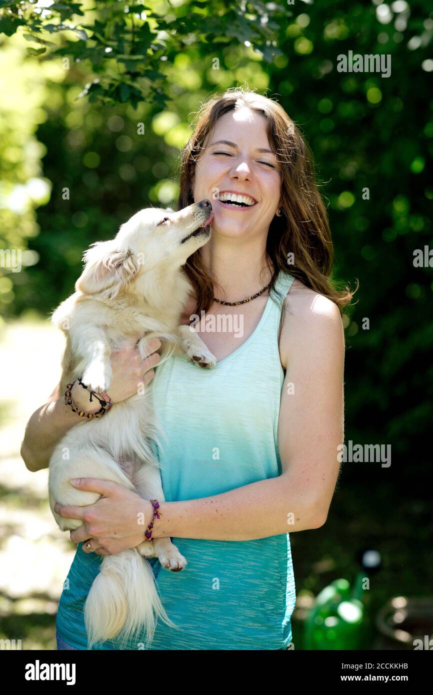 Cheerful young woman carrying playful dog licking her face in forest Stock Photo