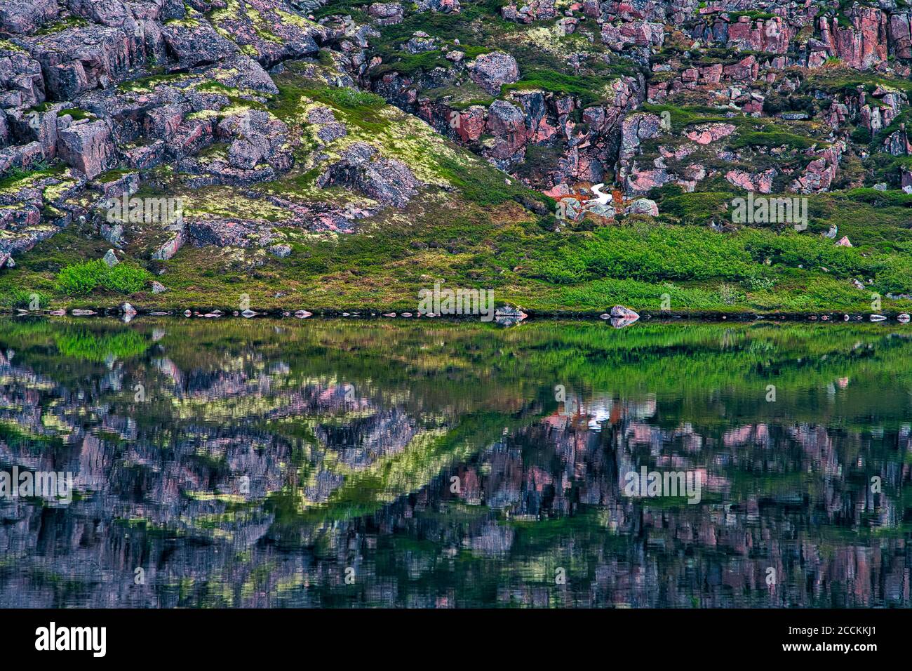 Rocky terrain reflecting in shiny coastal water Stock Photo