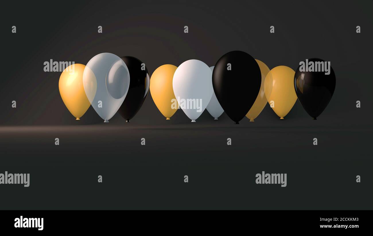 3d render illustration of gold balloons floating on a black background Stock Photo