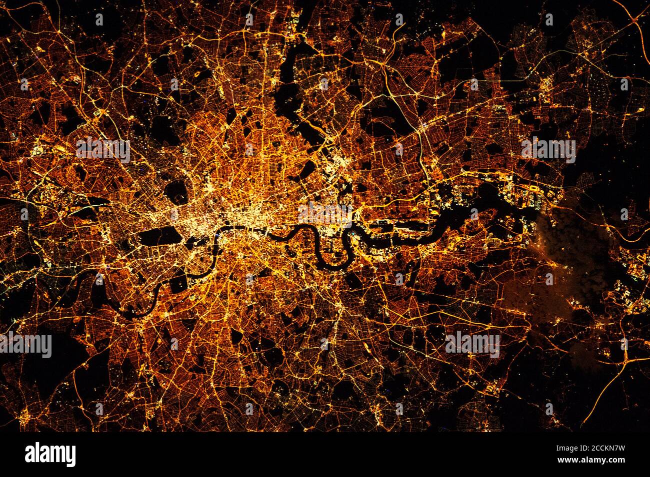 LONDON city lights map at night. Satellite view. Aerial view of London. Global communications and networking. Cyberspace in big city. Satellite view Stock Photo