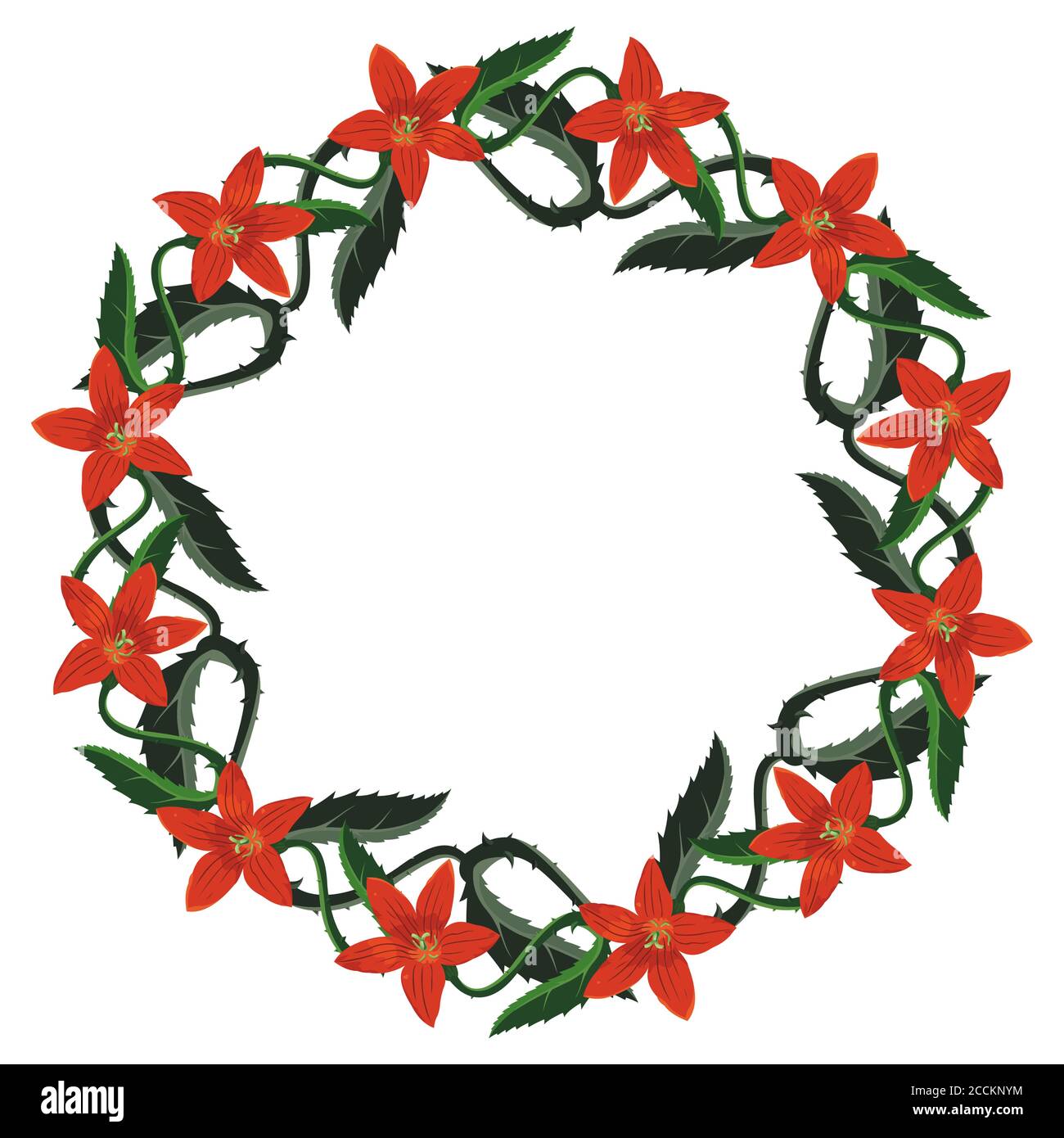 Beautiful wreath with red spiked flowers on white background Stock Vector