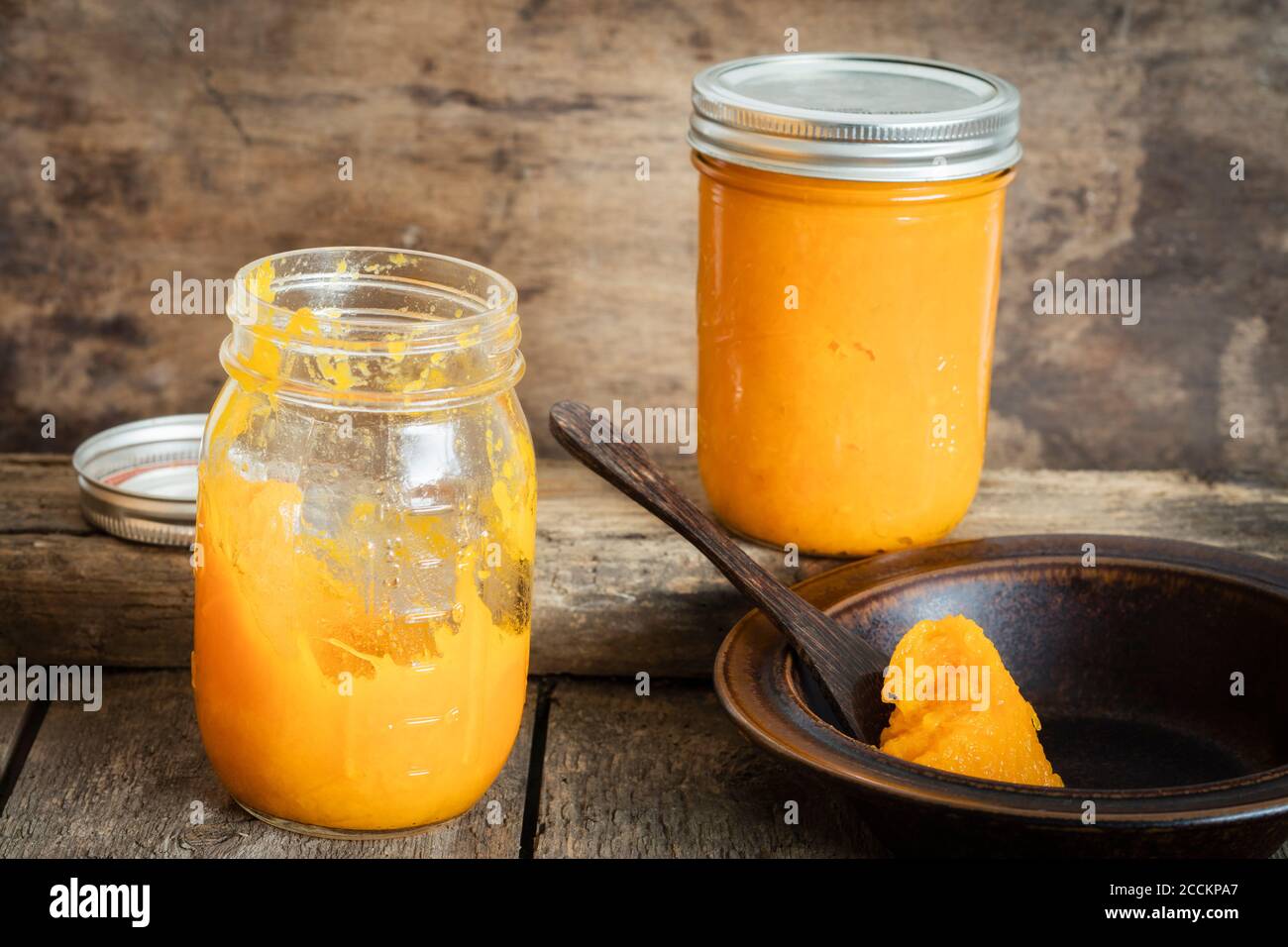 Jars of homemade pumpkin puree Stock Photo