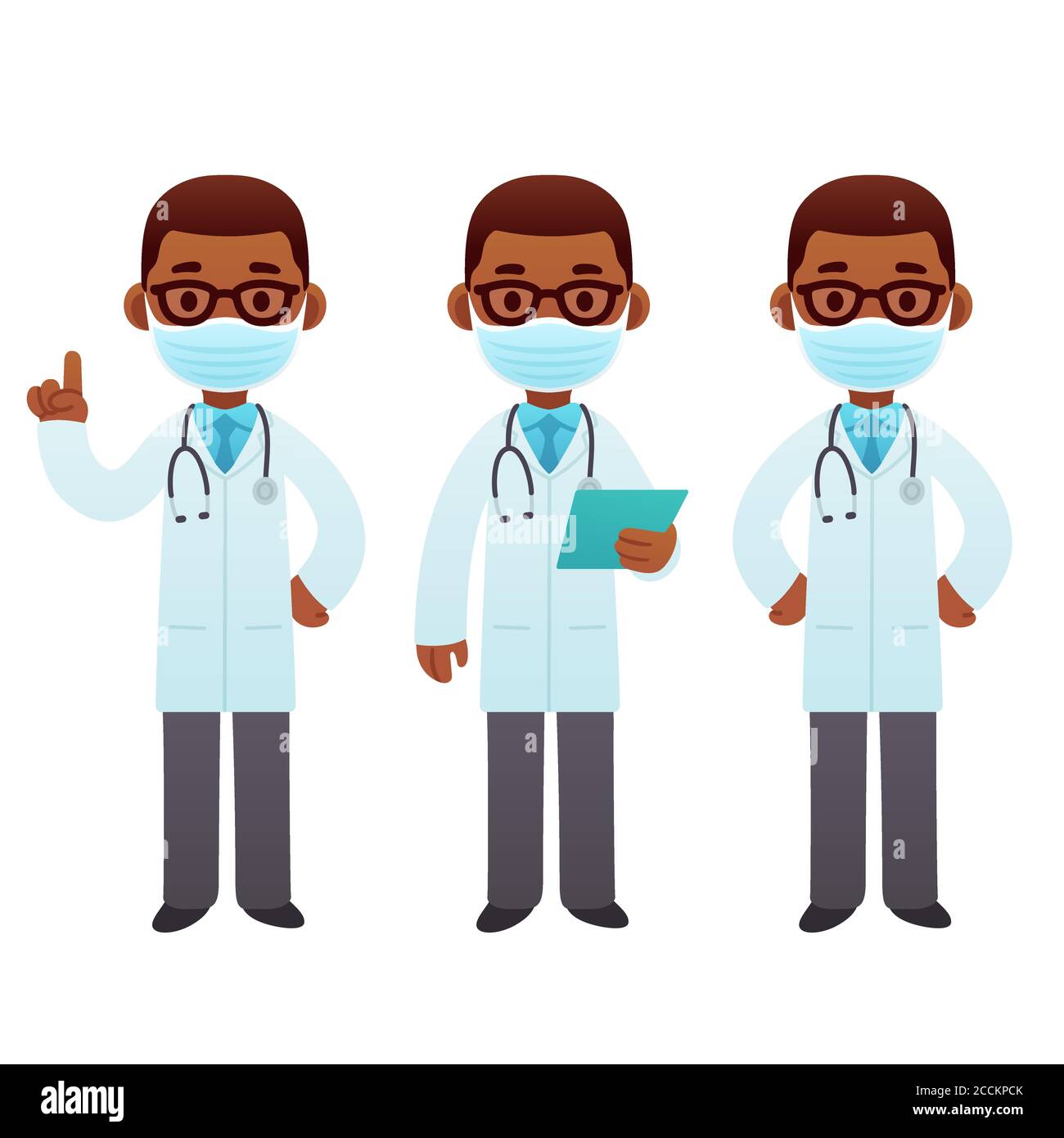 Black doctor cartoon illustration set. Male African American doctor in face mask standing and pointing. Cute cartoon medical character vector clip art Stock Vector