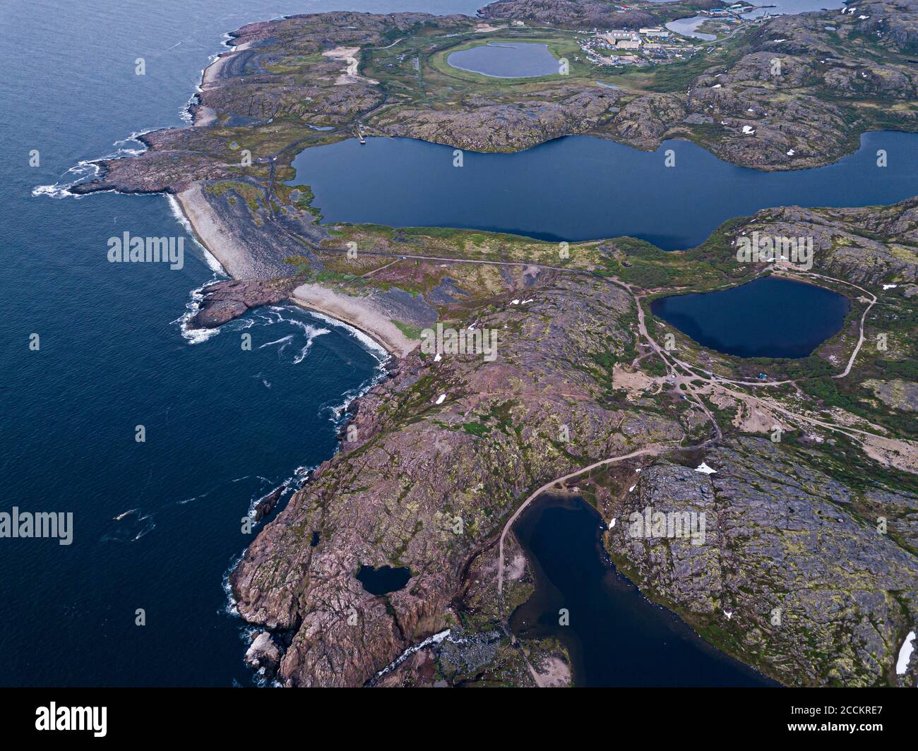 Russia, Murmansk Oblast, Teriberka, Aerial view of rocky coastal