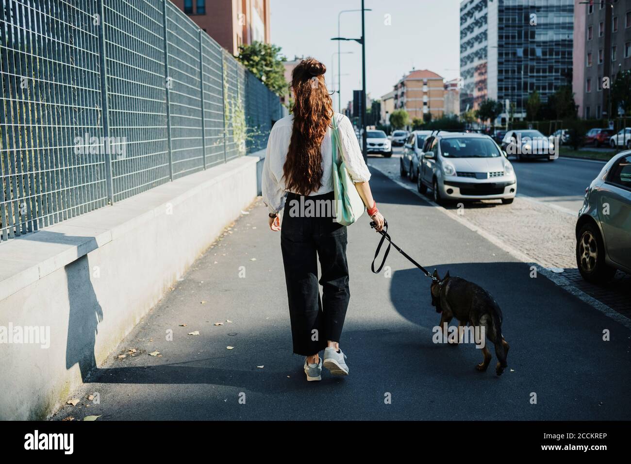 Woman walking with dog at sidewalk in city Stock Photo