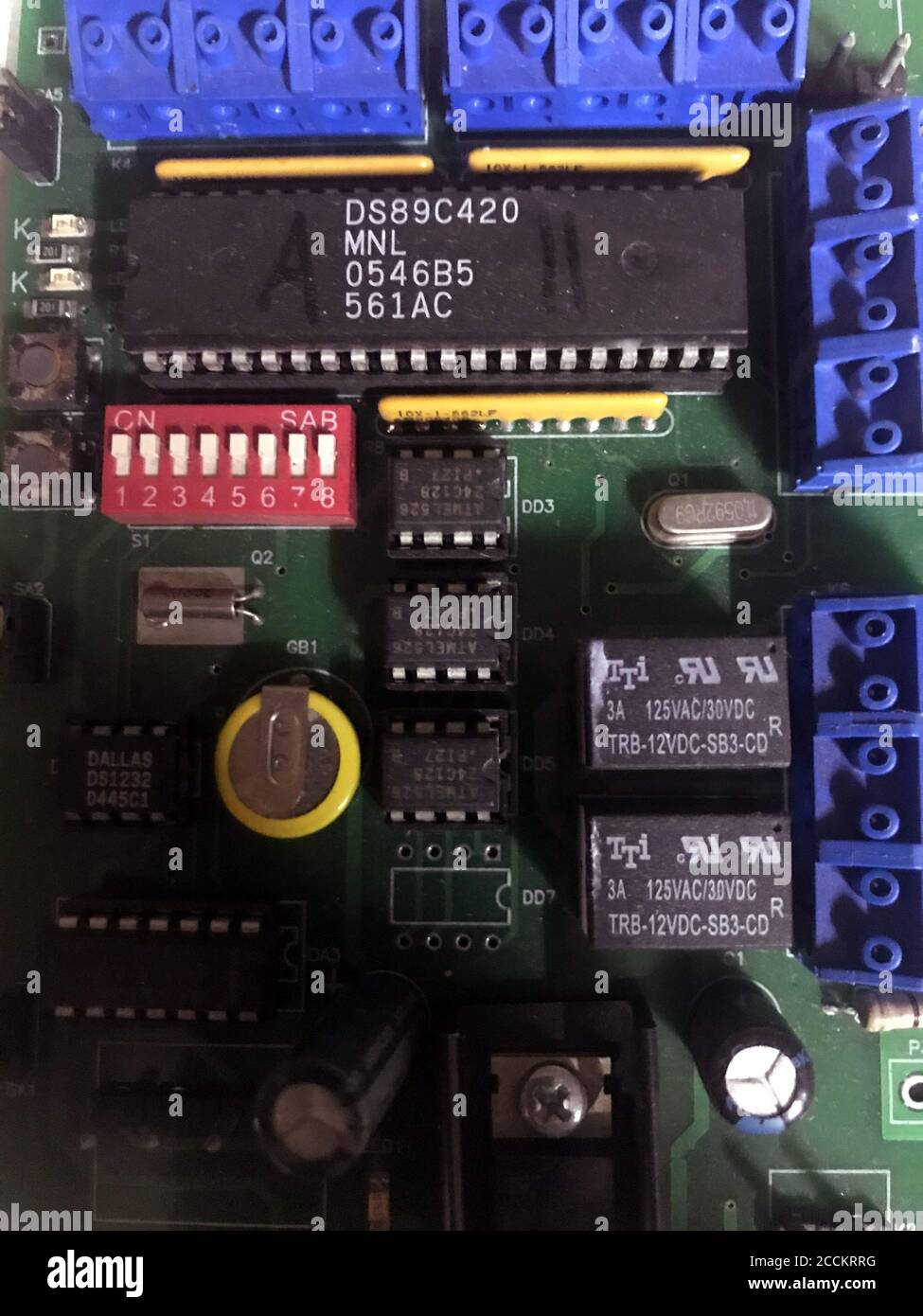 Microcircuit electronic technology science engineering industry computer. Digital chip equipment component motherboard macro Stock Photo