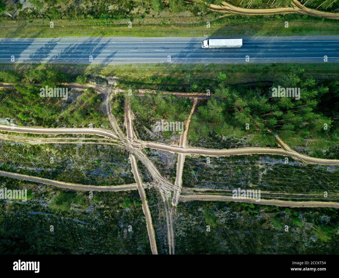 Russia, Petrozavodsk Oblast, Karelia, Road crossing forest, aerial view Stock Photo