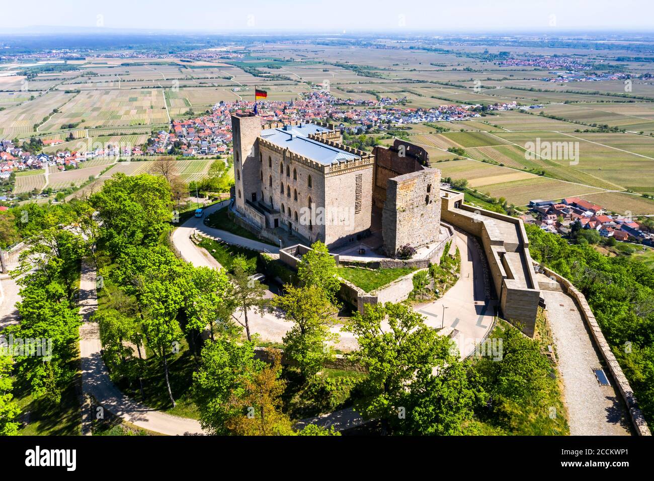 Germany, Rhineland-Palatinate, Neustadt an der Weinstrasse, Helicopter view of Hambach Castle in summer Stock Photo