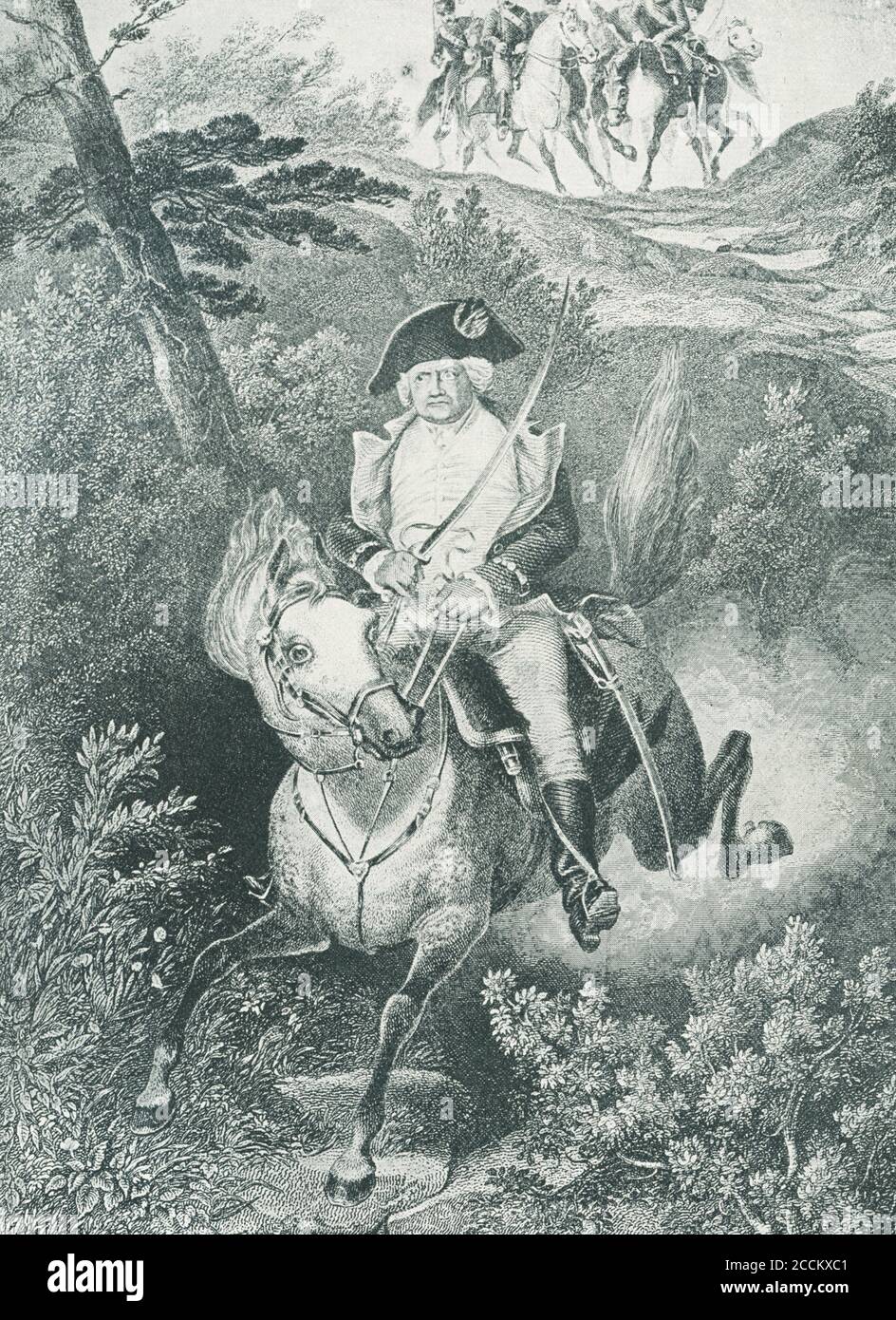 Putnam’s escape at Horse Neck. During the Revolutionary War, at the Battle of Horse Neck, General Israel Putnam made a daring escape (seen here) from the British on February 26, 1779. Although British forces pillaged the town, Putnam was able to warn Stamford. The general's tricorn hat, with a bullet hole piercing its side, is displayed at 'Putnam's cottage', the tavern belonging to Israel Knapp, where Putnam stayed the night before his famous ride. Stock Photo