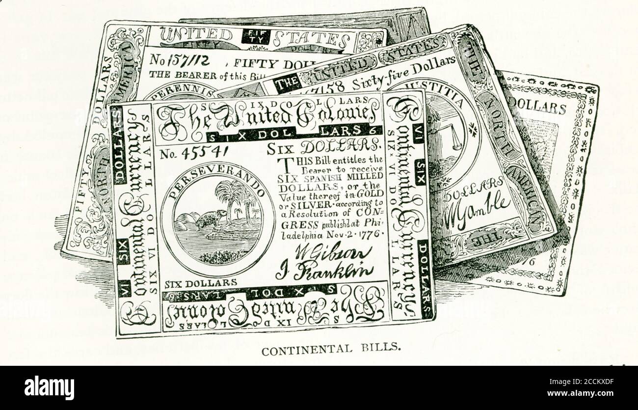 During the American Revolution (1775-1783), the Continental Congress (delegates from the original 13 colonies) issued currency to help pay for the war effort. It was known as Continental Currency, and it depreciated rapidly as the war came to an end. This illustration, which dates to the early 1900s shows several Continental bills. Stock Photo