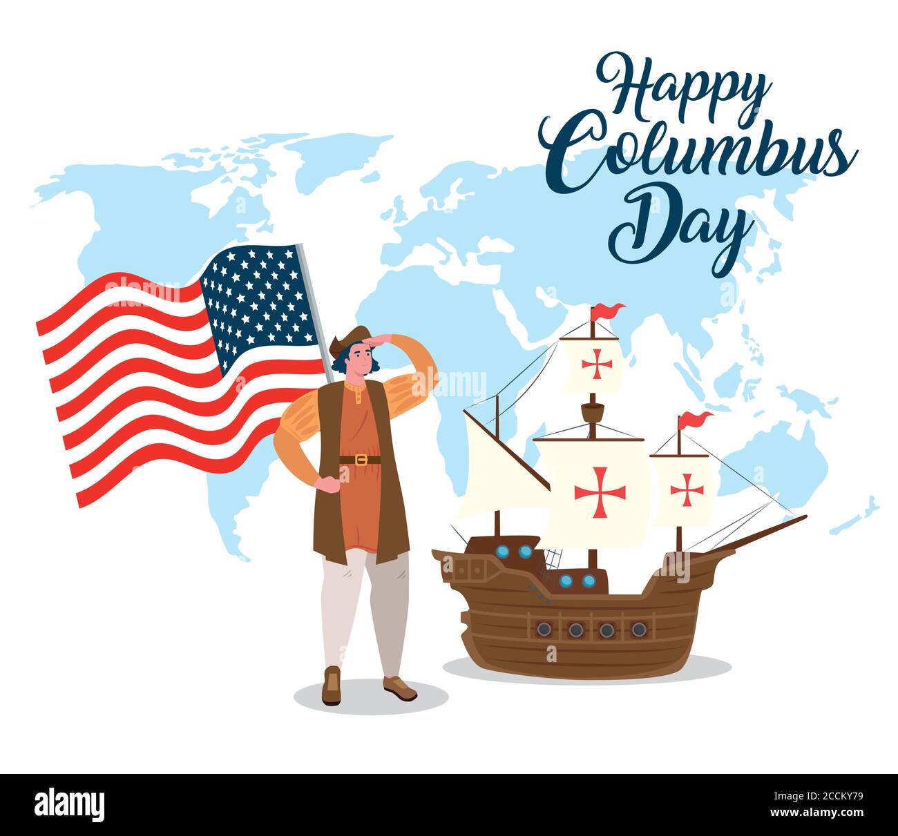 happy columbus day, with christopher columbus, usa flag and ship