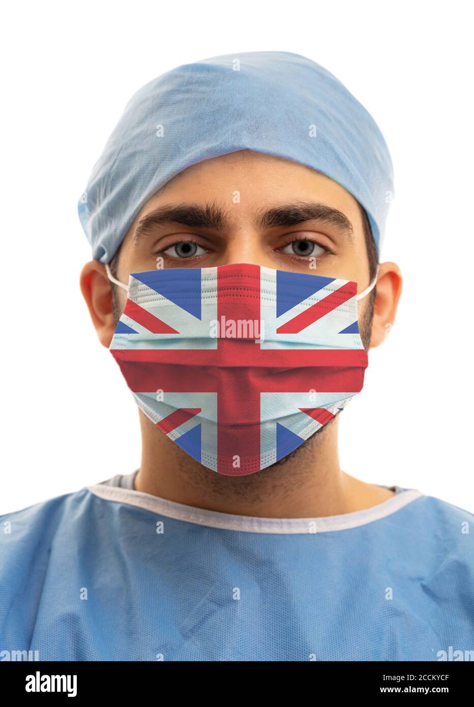 UK health care, Doctor wearing a United Kingdom flag protective face ...