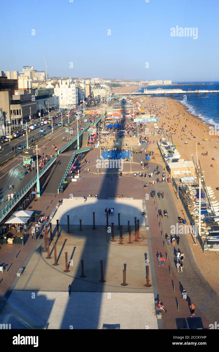 I360 Tower, Brighton, UK. View from the top of the tower overlooking Brighton Esplanade with reflection of tower on the ground below Stock Photo