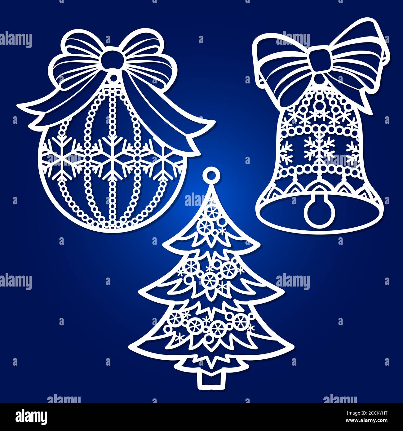 Template for laser cutting. A set of openwork ornaments. Bell, Christmas ball and Christmas tree. For cutting from various materials. For the design o Stock Vector