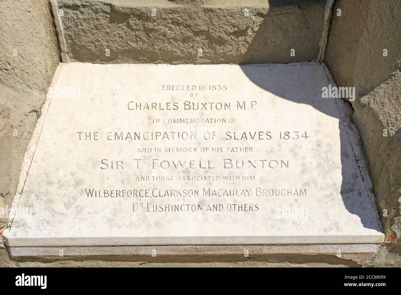 Emancipation of slaves plaque, London, 2020.  A memorial plaque commemmoeating the abolition of the slave trade in 1834.  This sits below an ornate fo Stock Photo