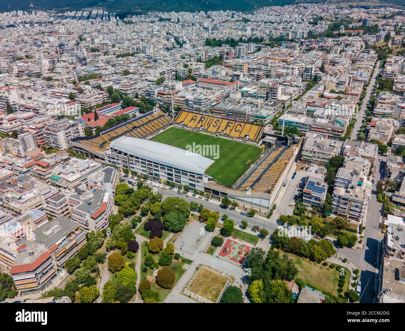 Thessaloniki, Greece landscape drone shot of ARIS FC Charilaou stadium.  Aerial top day view of empty football court Kleanthis Vikelidis with pitch  Stock Photo - Alamy
