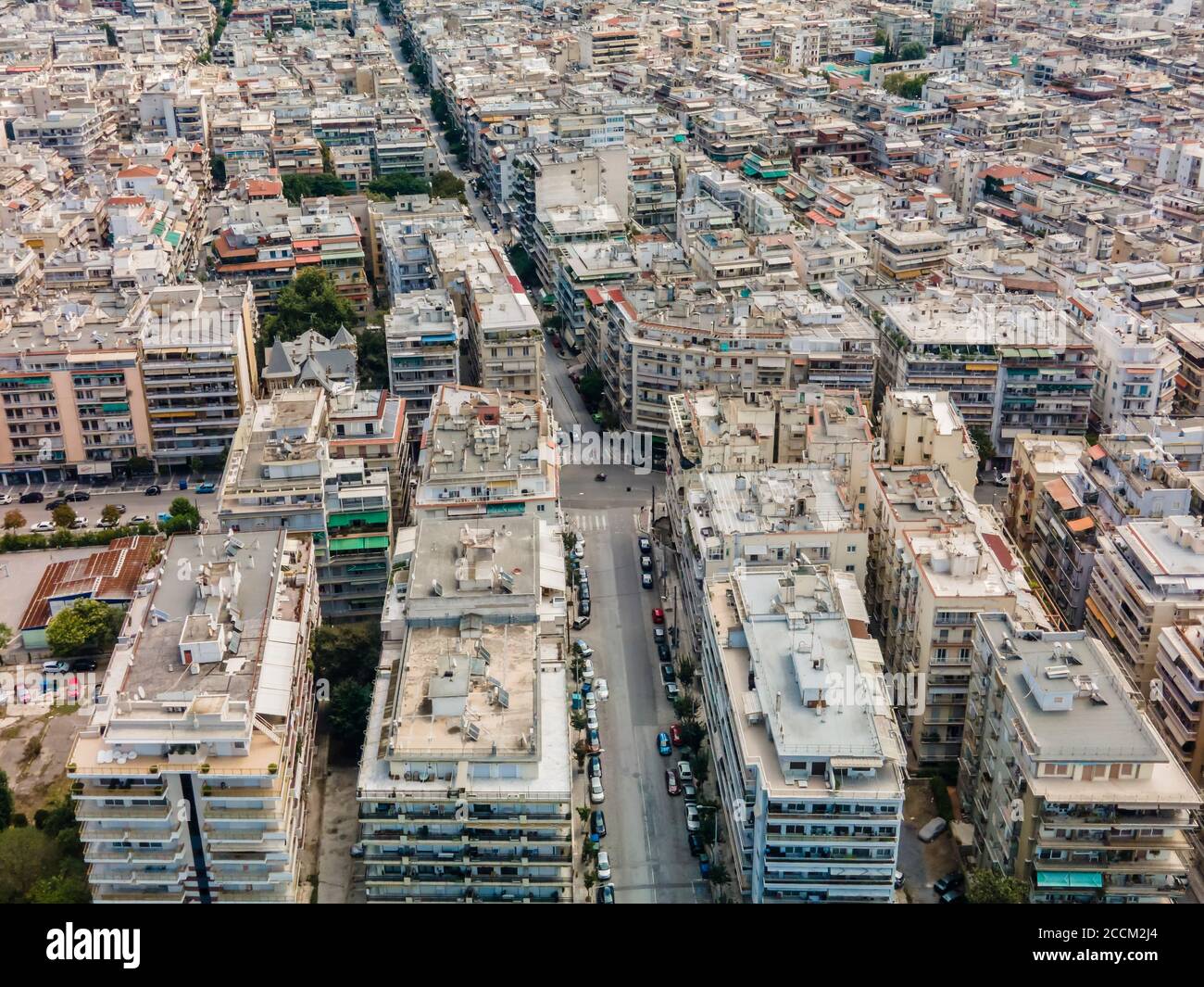 Thessaloniki, Greece aerial drone landscape view of Analipsi borough buildings rooftops. Day top panorama of European city with residential flats. Stock Photo