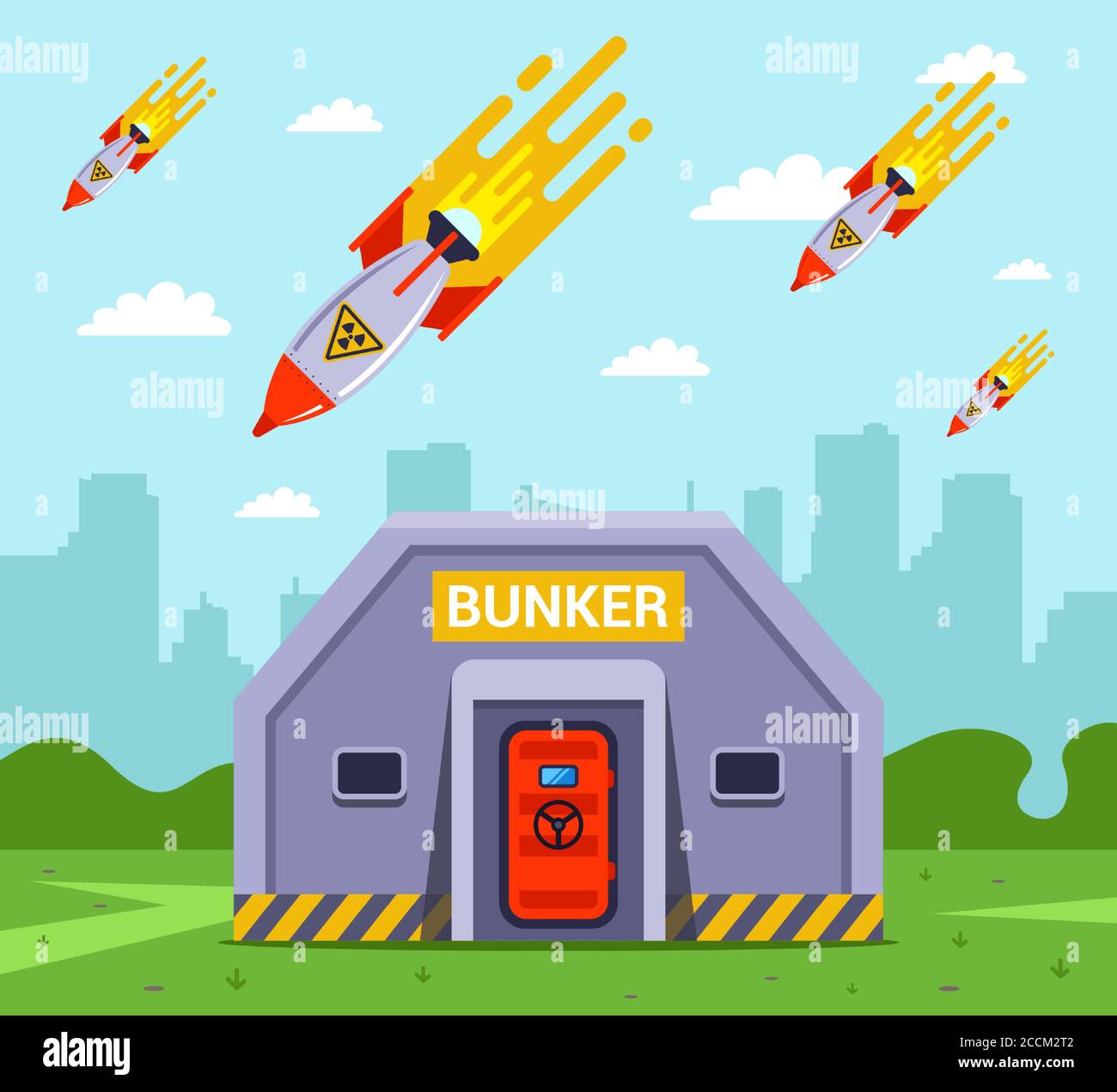 the fall of nuclear bombs on the city. rescue people in bunkers from missiles. flat vector illustration Stock Vector