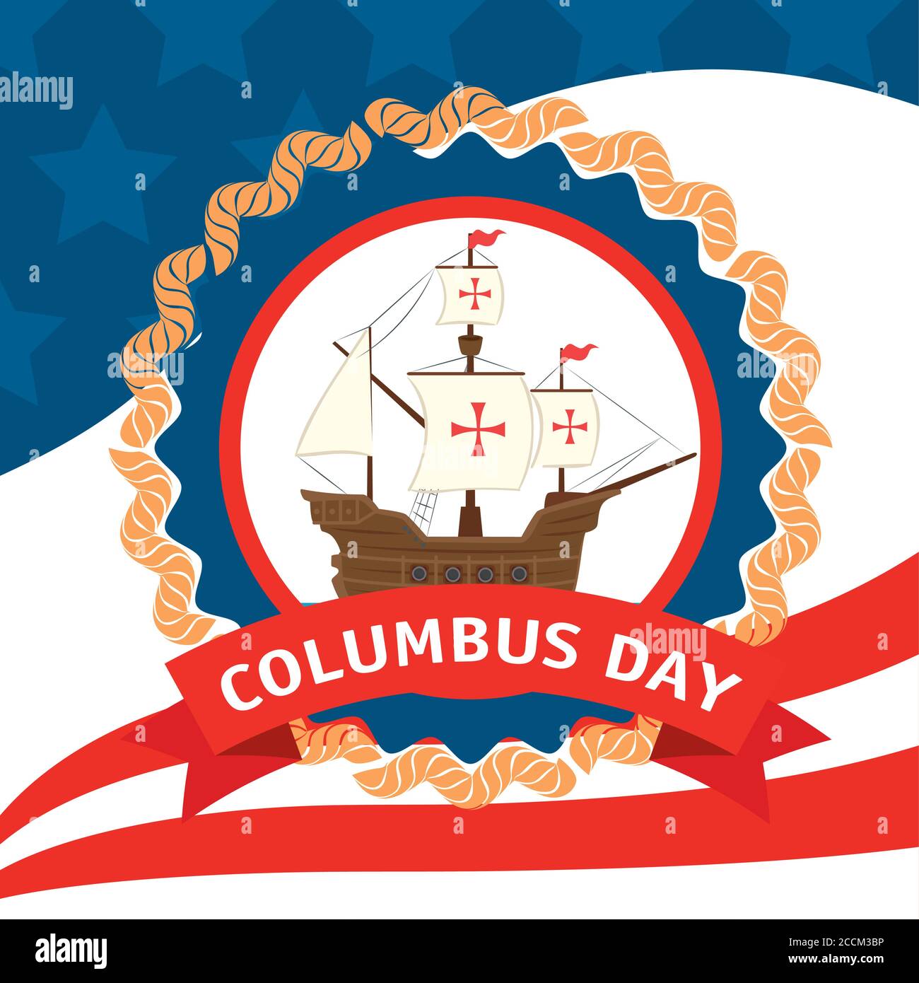 happy columbus day national usa holiday, with ship carabela on seal