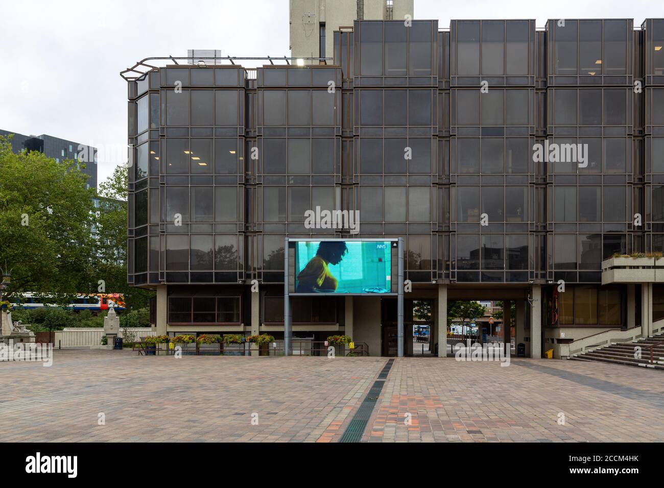A big screen showing public information in a city centre, Portsmouth Guildhall Stock Photo