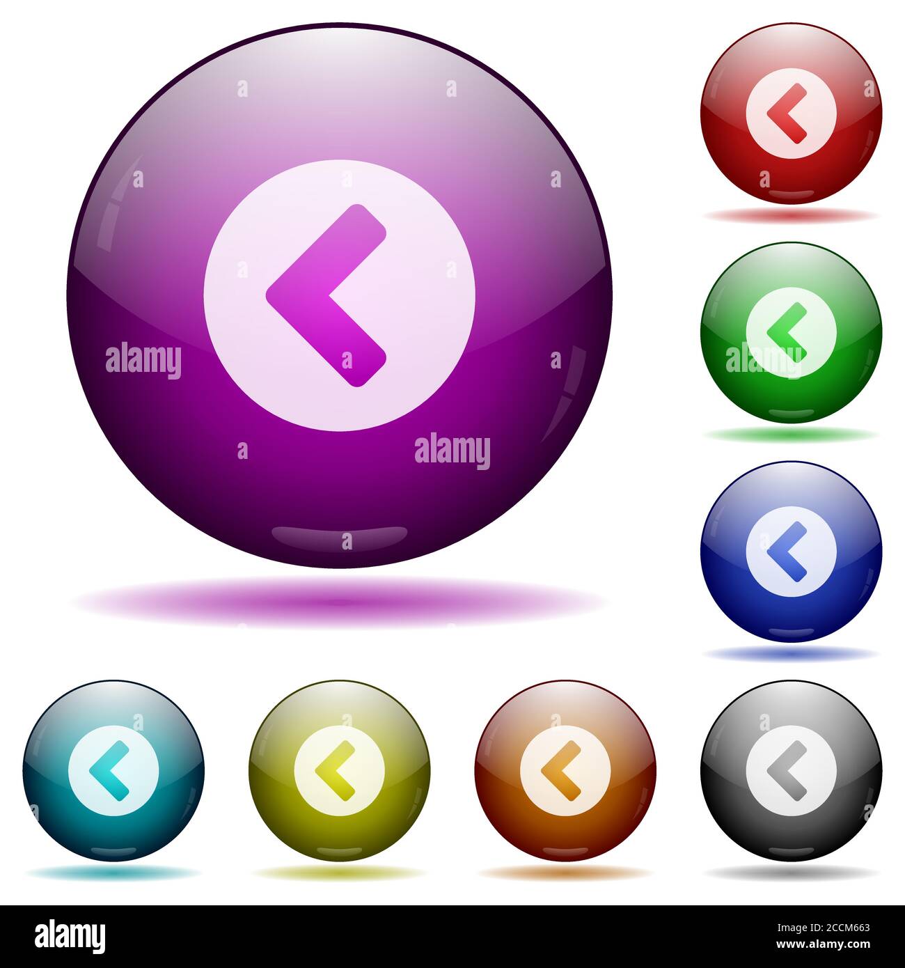 Chevron left icons in color glass sphere buttons with shadows Stock ...