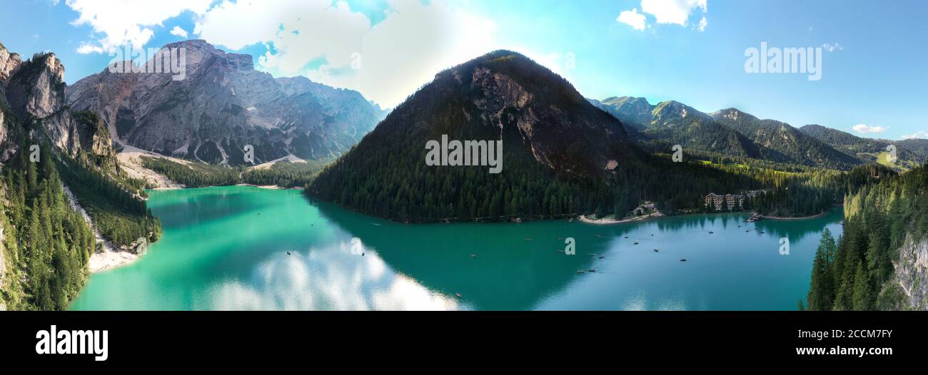 Panoramic view from above on Braies Lake at sunset - Dolomites,Italy landmark and point of interest to visit Stock Photo