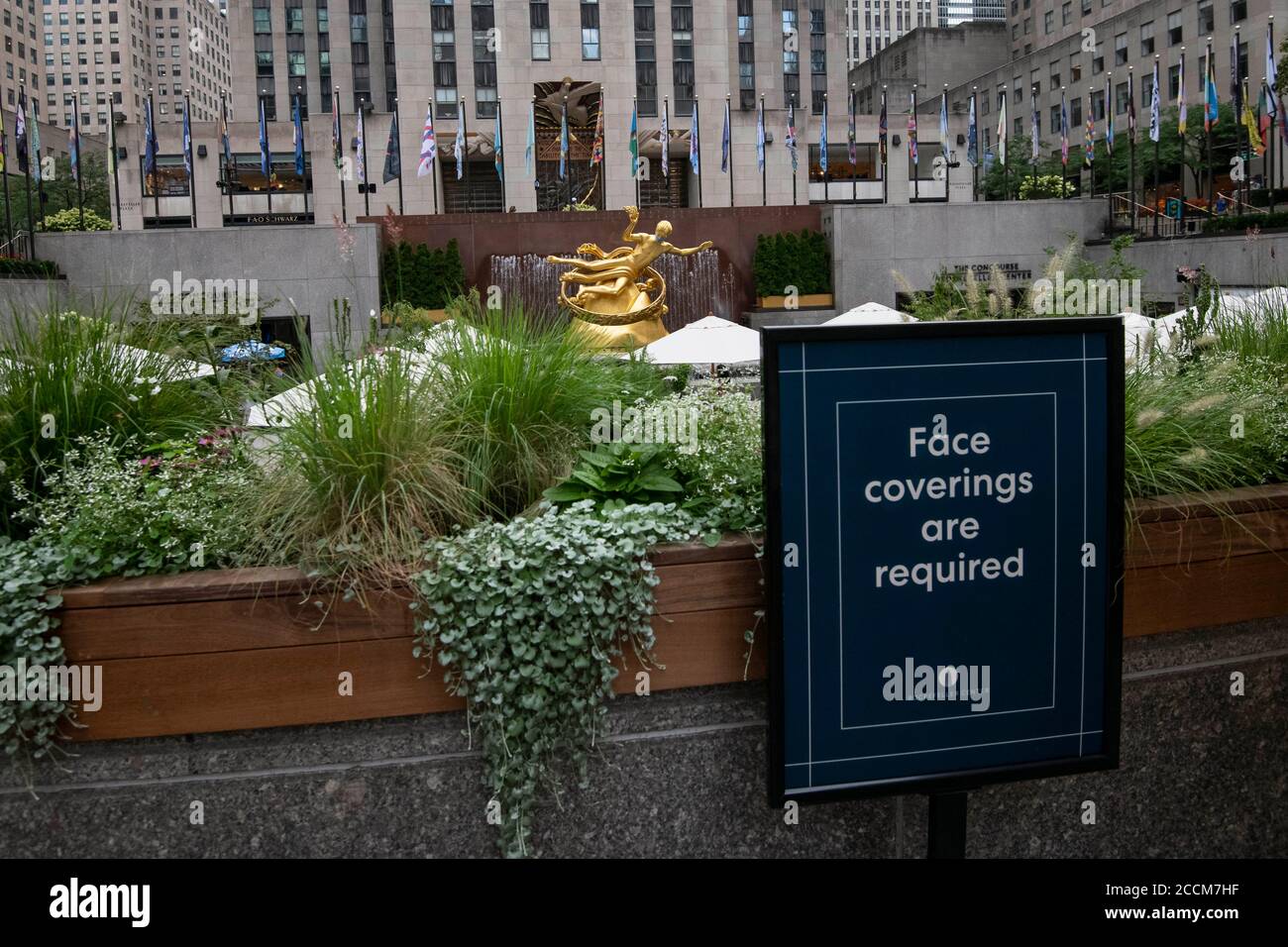 August 22, 2020: An overall view of Rockefeller Center featuring a face mask required sign at the entrance due to The Covid-19 pandemic in Manhattan, New York. Mandatory credit: Kostas Lymperopoulos/CSM Stock Photo