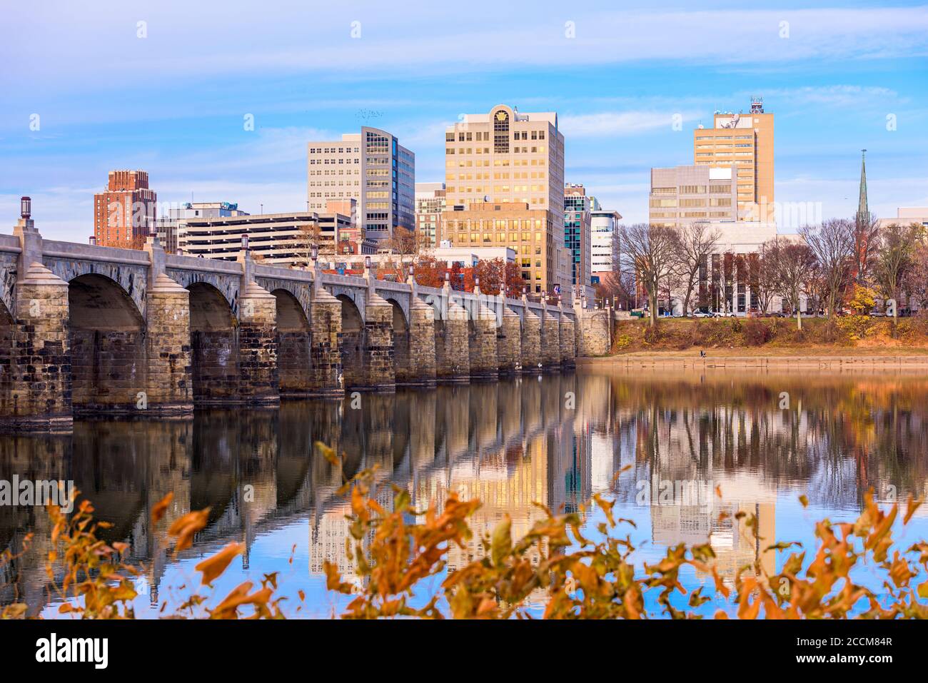 Harrisburg, Pennsylvania, USA skyline on the Susquehanna River with fall foliage. Stock Photo