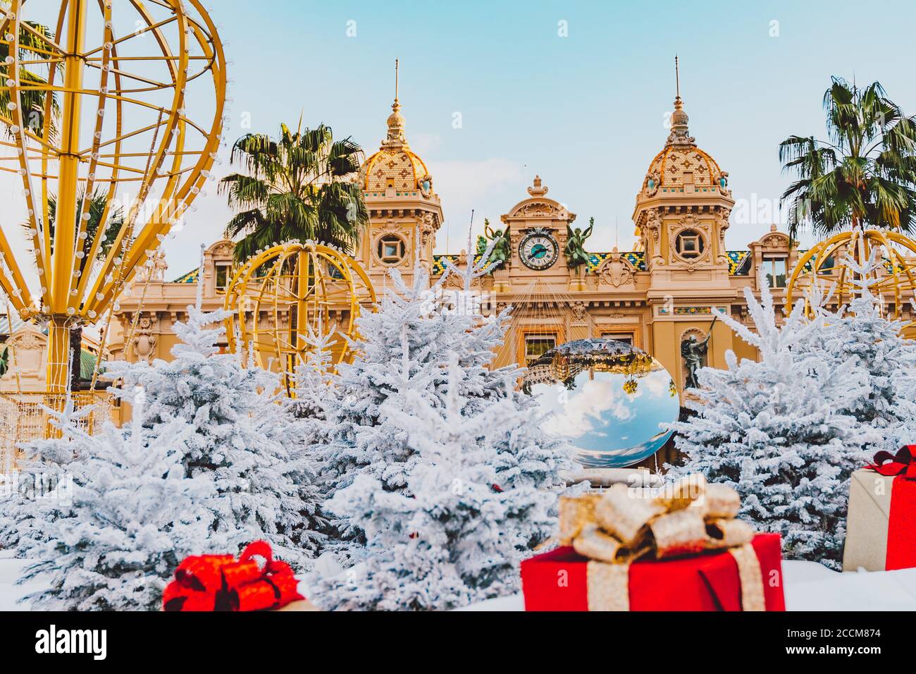 Monte Carlo Casino in Monaco, 25.12.2019 Cote de Azur, Europe. View of Grand Theatre, office of Les Ballets de Monte Carlo in winter. white Christmas Stock Photo