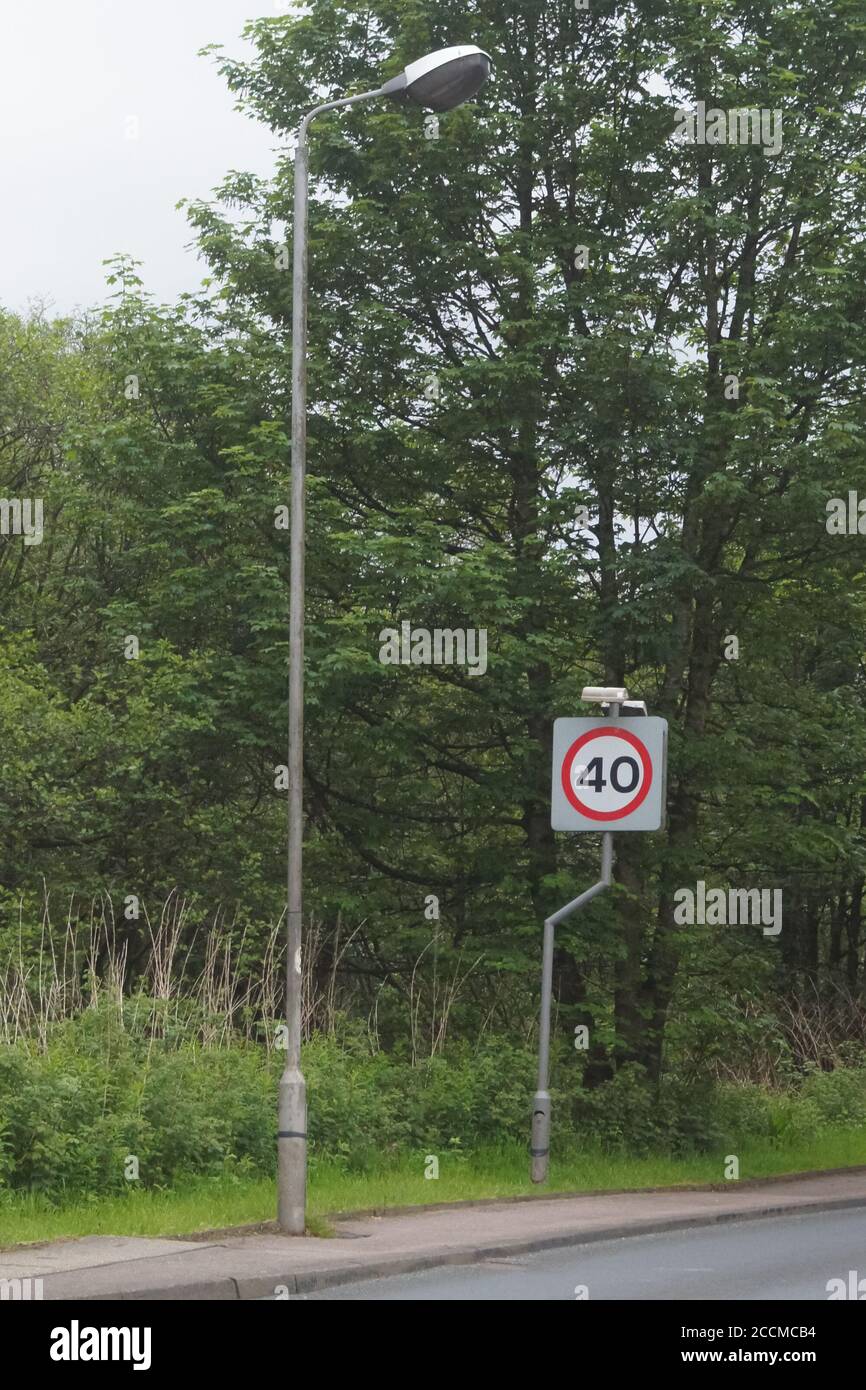 40mph speed limit sign and lamp post, street light. A885 road, Dunoon