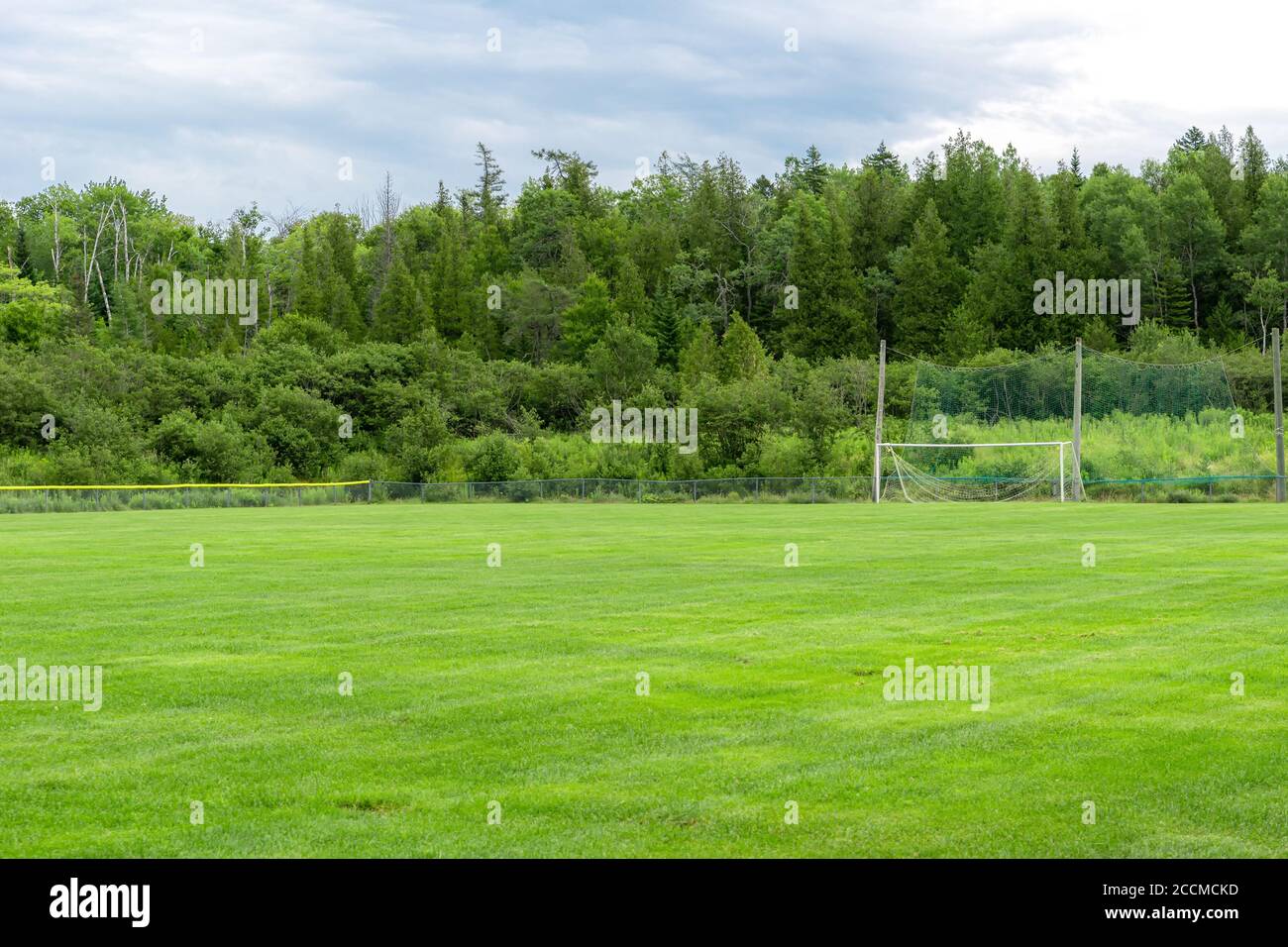 An empty soccer field under an overcast sky. The grass is well maintained, and a goal net is in the distance. Stock Photo
