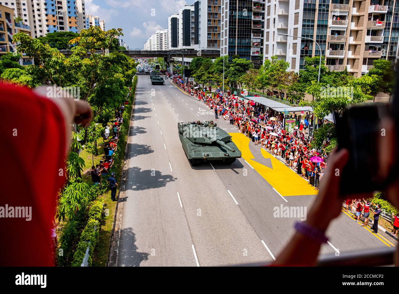 SINGAPORE, SINGAPORE - Aug 09, 2020: A Leopard 2-SG main battle tank rolls along the streets of Singapore as part of the mobile column display celebra Stock Photo
