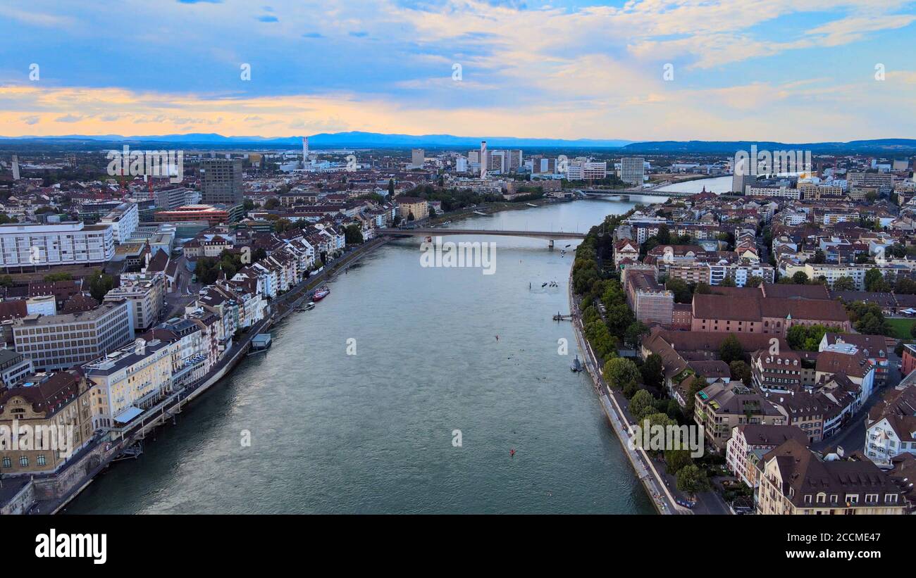 River Rhine in the city of Basel Switzerland - aerial view in the ...