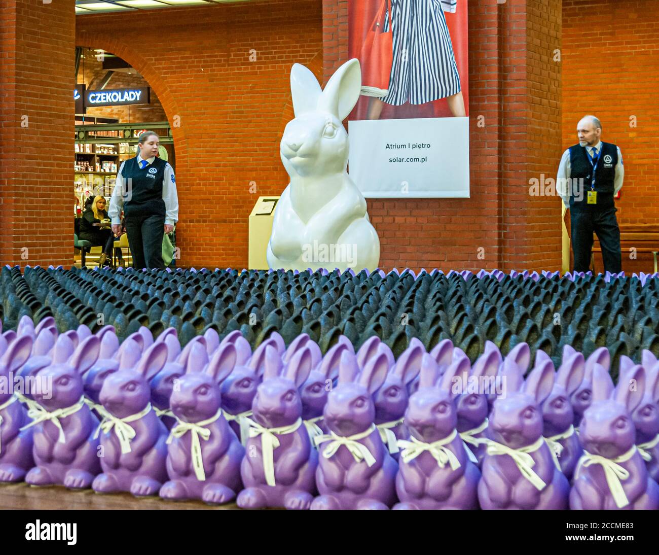 Easter bunny exhibition in a shopping mall of Poznań, Poland Stock Photo