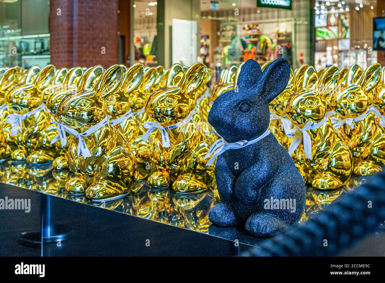 Easter bunny exhibition in a shopping mall of Poznań, Poland Stock Photo