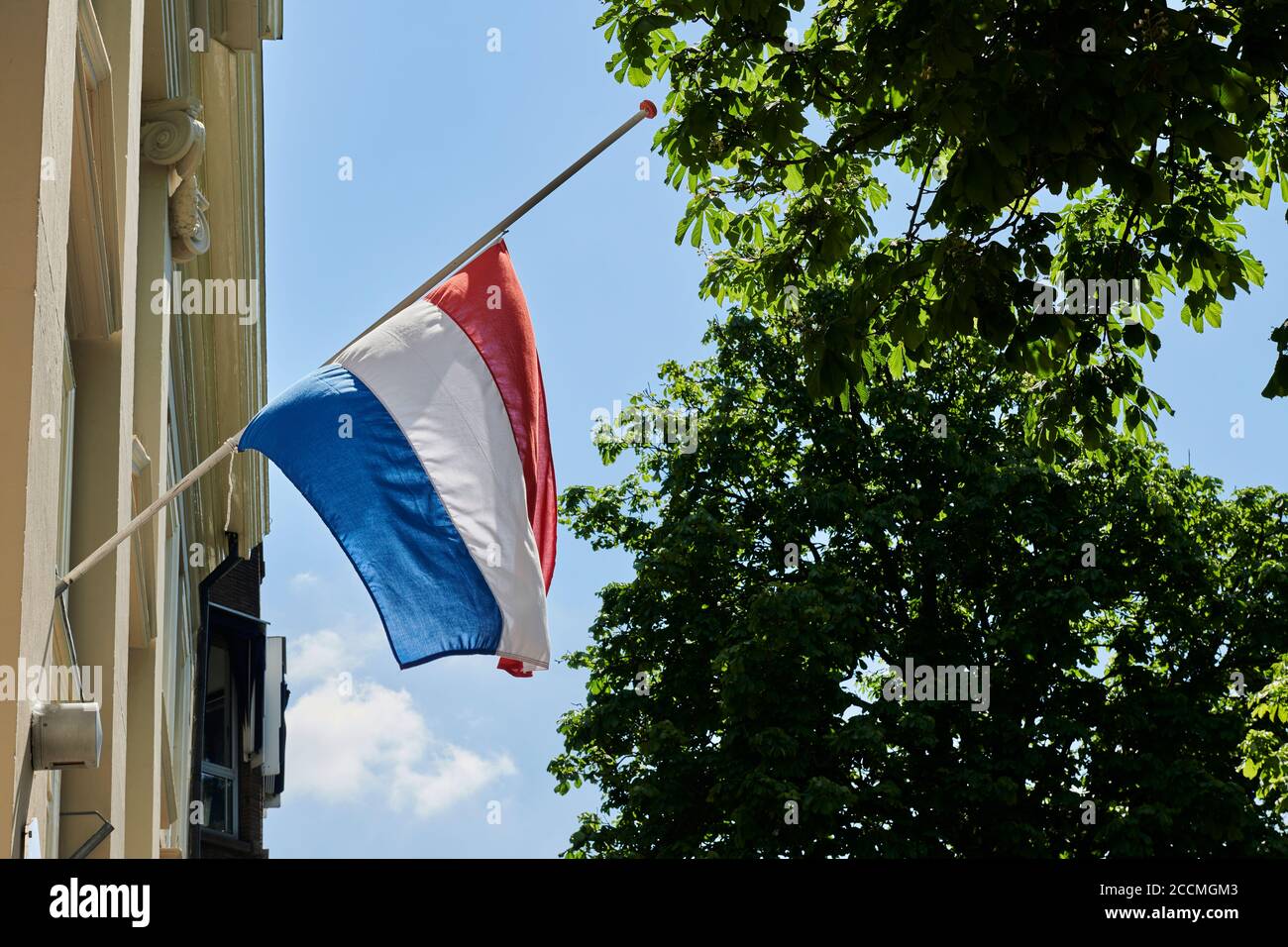 During the National Remembrance Day on May 4, the Dutch flag hangs at