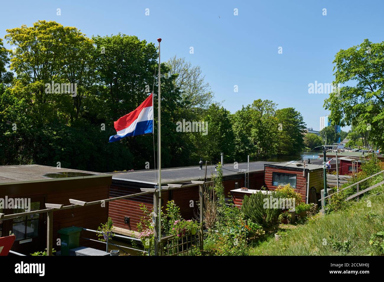 During the National Remembrance Day on May 4, the Dutch flag hangs at