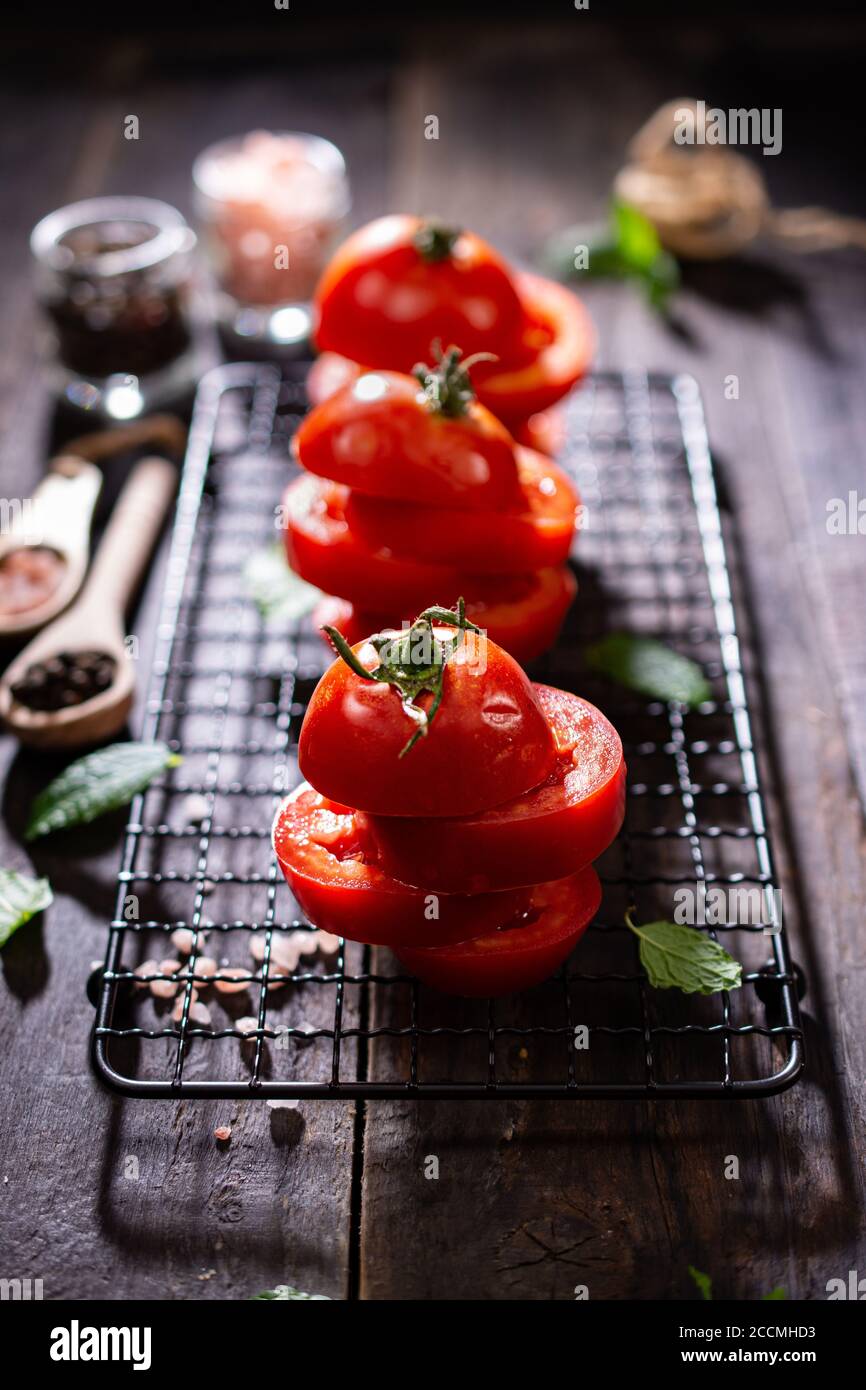 Fresh tomato salad.Healthy snack.Low fat food and drink.Sweet vegetables. Stock Photo