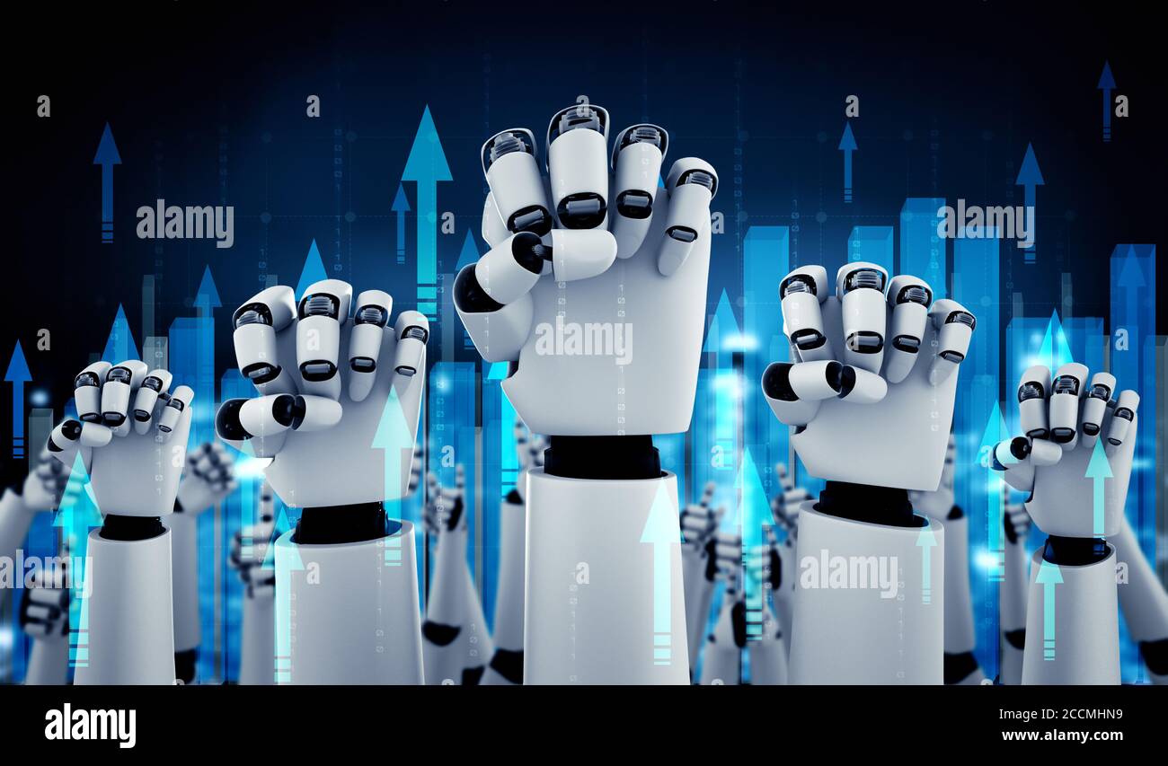 Robot humanoid hands up to celebrate money investment success achieved Stock Photo