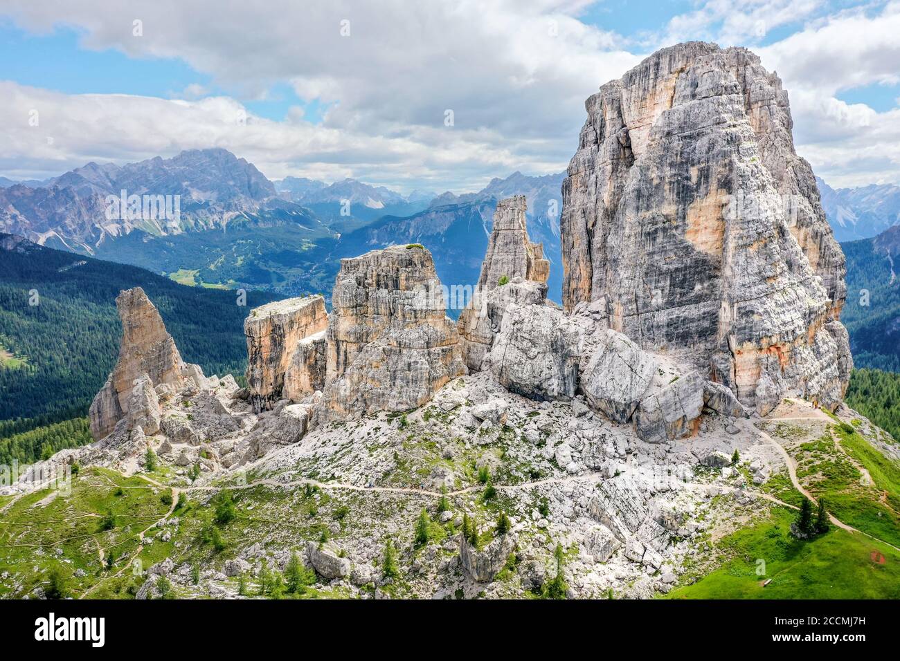 Aerial view of the Cinque Torri rock formation in northern Italian alps Stock Photo