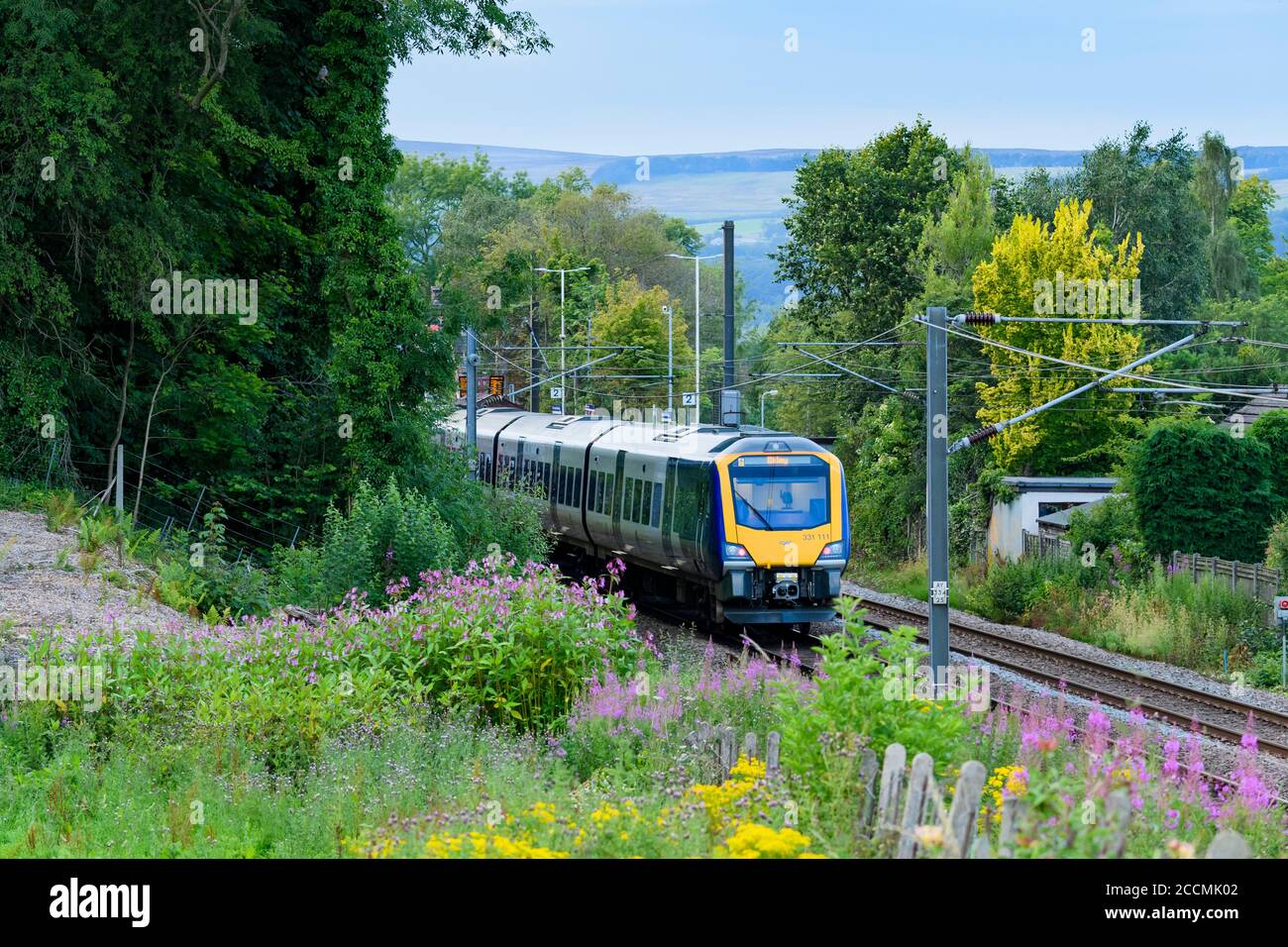 Northern rail local passenger service train 331 travelling on Wharfedale Line railway tracks to rural village station - Burley, Yorkshire, England, UK Stock Photo