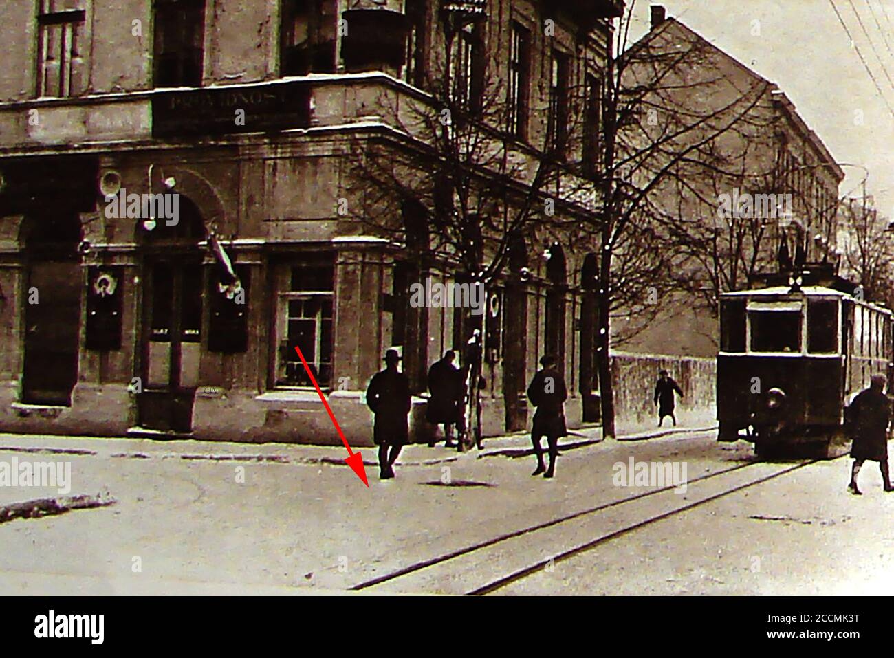 A photograph taken soon after the assassination of Archduke Franz Ferdinand of Austria, said to show the exact location where the assassination took place. Archduke Franz Ferdinand  (Franz Ferdinand Carl Ludwig Joseph Maria (1894-1918) was married to  Sophie, Duchess of Hohenberg.  Gavrilo Prinzip was arrested for the assassination  on Sunday 28 June 1914 in Sarajevo. He was a 19 year old Bosnian Serb who was a member of 'Young Bosnia', a movement that  sought an end to Austro-Hungarian rule in Bosnia & Herzegovina.  Earlier in the same day, the couple had avoided another attempt on their life Stock Photo