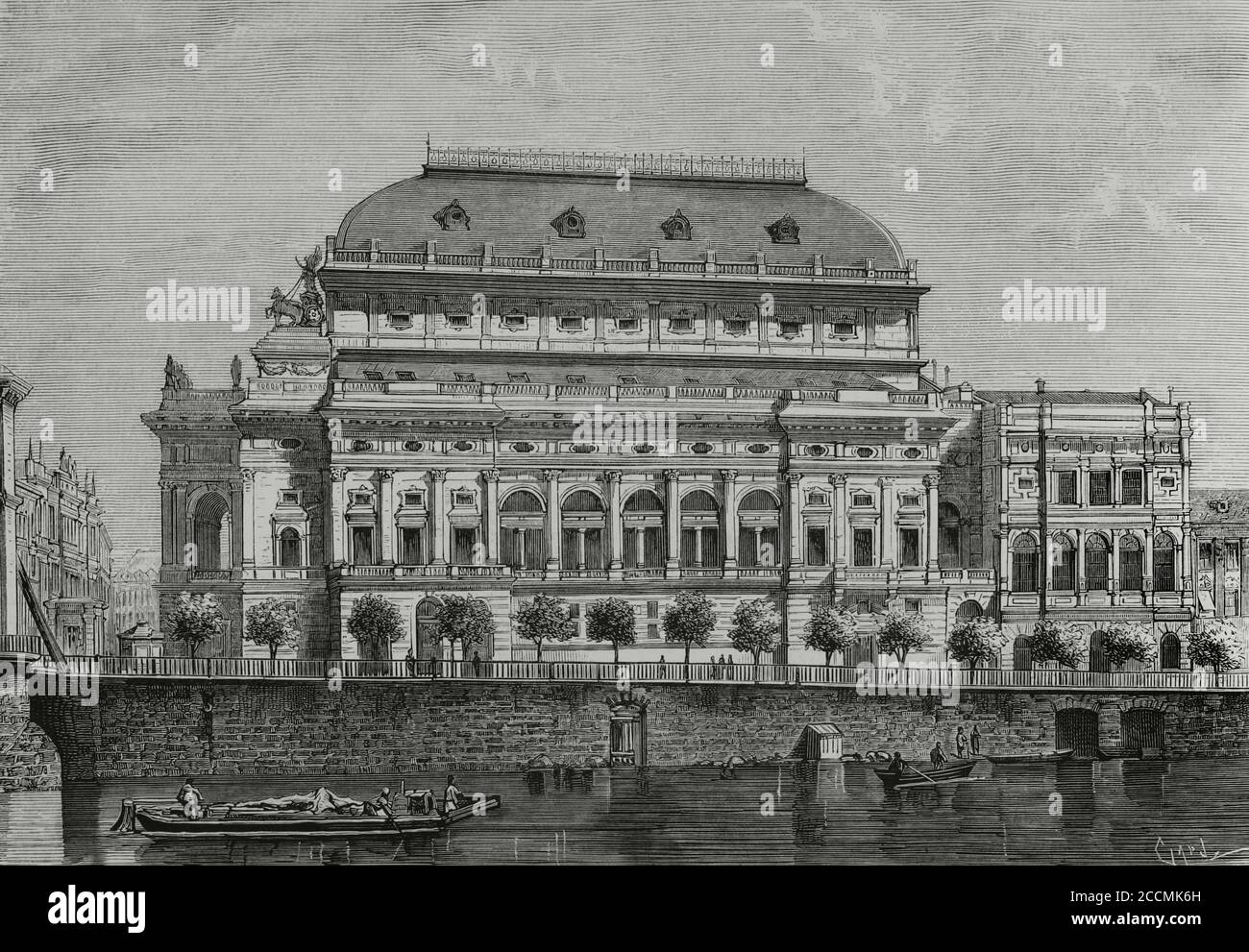 Kingdom of Bohemia (Austro-Hungarian Empire). Prague. The National Theatre. It was opened for the first time on June 11, 1881, to honour the visit of Crown Prince Rudolf of Austria. Engraving by Tomás Carlos Capuz (1834-1899). La Ilustracion Española y Americana, 1881. Stock Photo