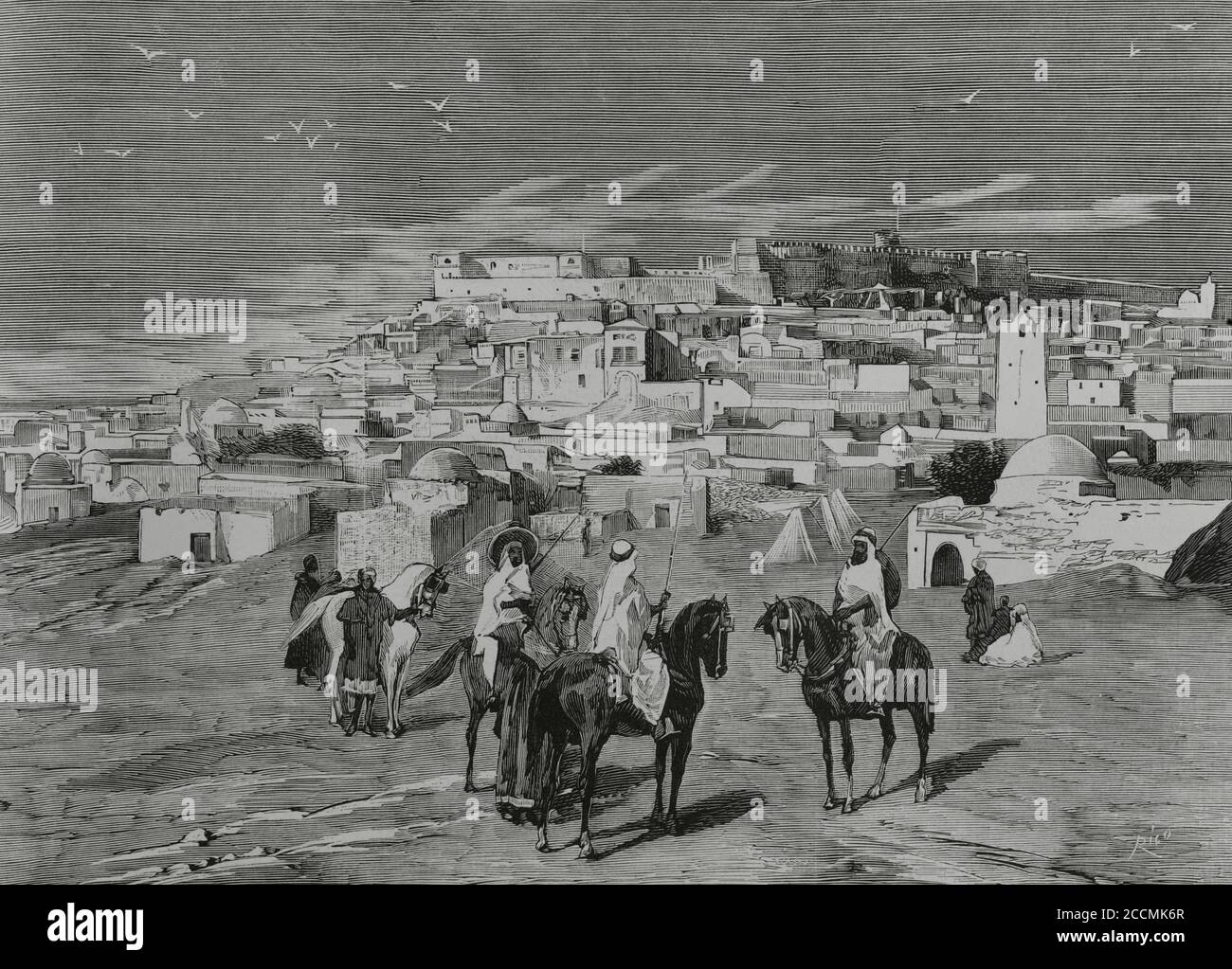 Entry of the French army into Tunisian territory. Finding very little resistance, it was proclaimed the French Protectorate of Tunis from May 12, 1881 to March 20, 1956. View of Le Kef. Holy city of the Tunisians, occupied by the column of the French general Logerot, on April 26, 1881. Engraving by Bernardo Rico (1825-1894). La Ilustracion Española y Americana, 1881. Stock Photo